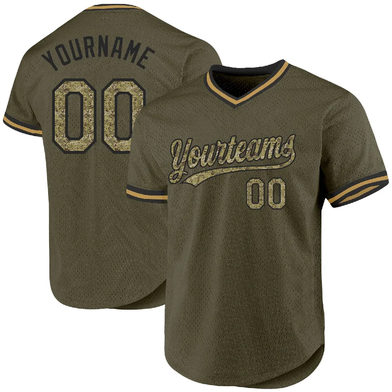 Baseball Jersey for Better Fit and Movement on the Field-Custom Olive Camo Black-Old Gold Authentic Throwback Salute To Service Baseball Jersey