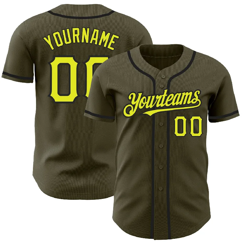 Baseball Jersey for Athletic Performance-Custom Olive Neon Yellow-Black Authentic Salute To Service Baseball Jersey