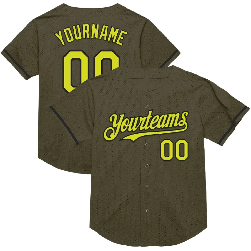 Baseball Jersey for Superior Comfort and Performance-Custom Olive Neon Yellow-Black Mesh Authentic Throwback Salute To Service Baseball Jersey