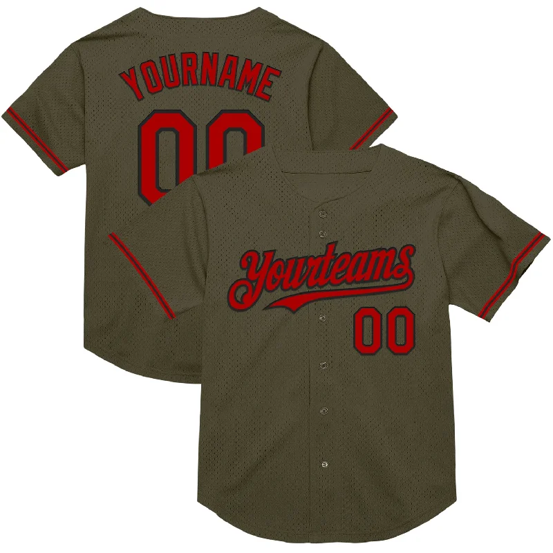 Baseball Jersey for Long-Lasting Comfort-Custom Olive Red-Black Mesh Authentic Throwback Salute To Service Baseball Jersey