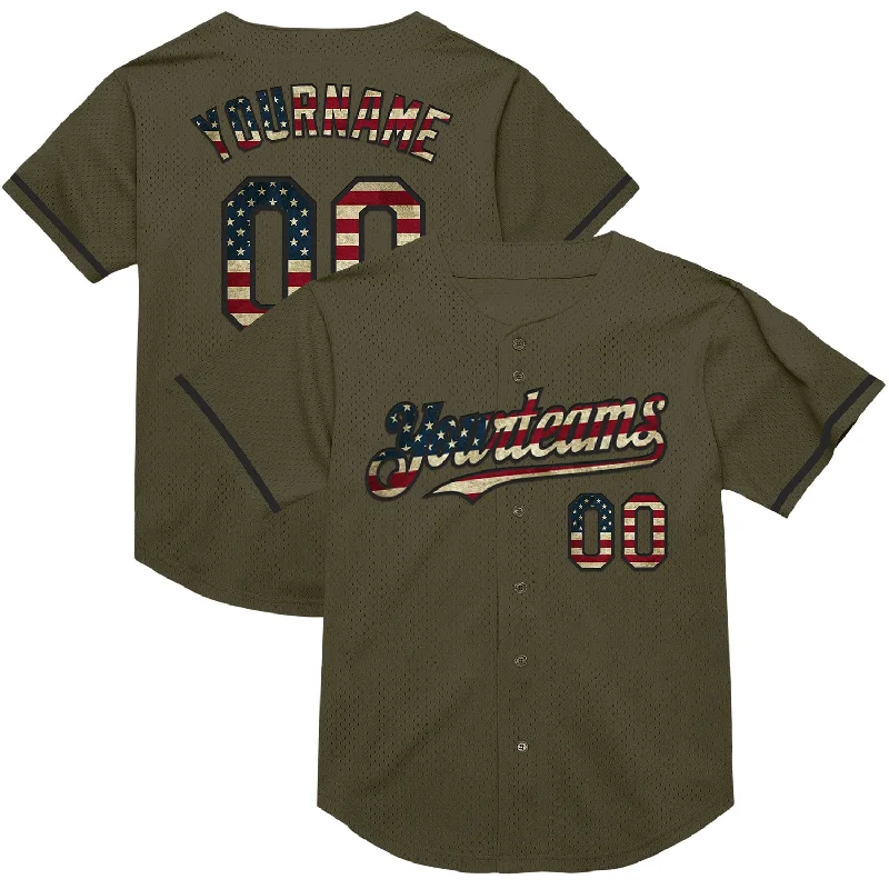 Baseball Jersey for Custom Team Branding-Custom Olive Vintage USA Flag-Black Mesh Authentic Throwback Salute To Service Baseball Jersey