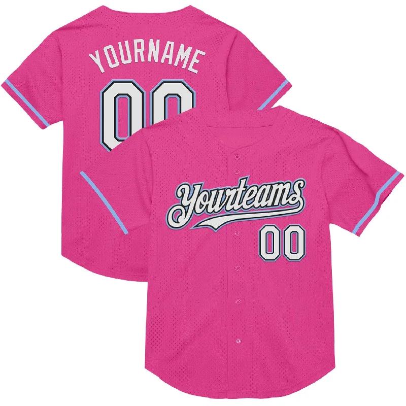 Baseball Jersey with Soft Fabric for Comfortable Play-Custom Pink Black-Light Blue Mesh Authentic Throwback Baseball Jersey