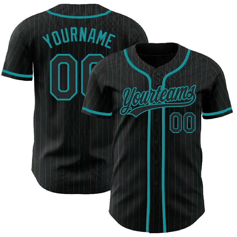 Baseball Jersey with Durable Outer Layer for Protection-Custom Black Teal Pinstripe Black Authentic Baseball Jersey