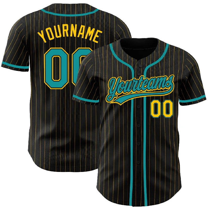 Baseball Jersey for Soft Touch and Comfort-Custom Black Yellow Pinstripe Teal Authentic Baseball Jersey