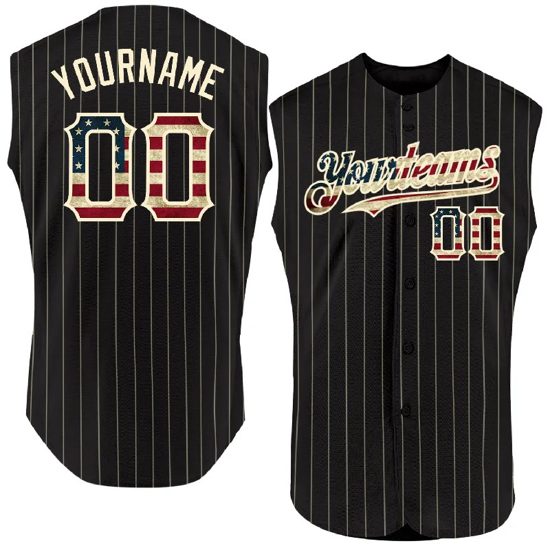 Baseball Jersey for Team Spirit and Performance-Custom Black Cream Pinstripe Vintage USA Flag Authentic Sleeveless Baseball Jersey