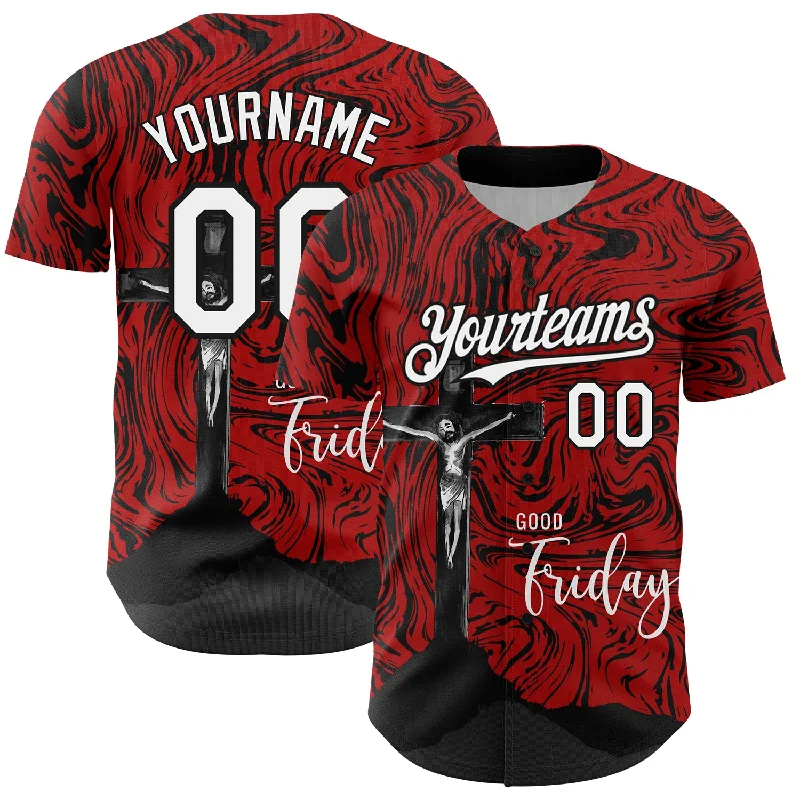 Baseball Jersey with Anti-Wrinkle Fabric for Easy Care-Custom Red White-Black 3D Pattern Design Religion Cross Jesus Christ Good Friday Authentic Baseball Jersey