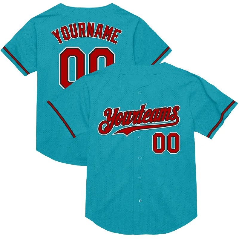 Baseball Jersey for Ideal Fit and Comfort-Custom Teal Red-Black Mesh Authentic Throwback Baseball Jersey