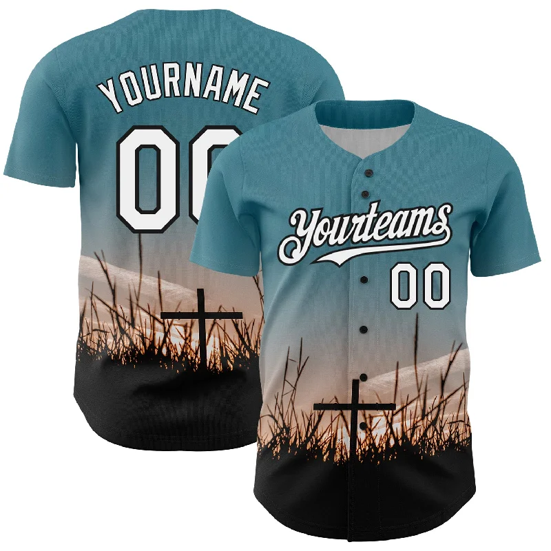 Baseball Jersey for Better Fit and Freedom of Movement-Custom Teal White-Black 3D Pattern Design Religion Cross Jesus Christ Good Friday Authentic Baseball Jersey