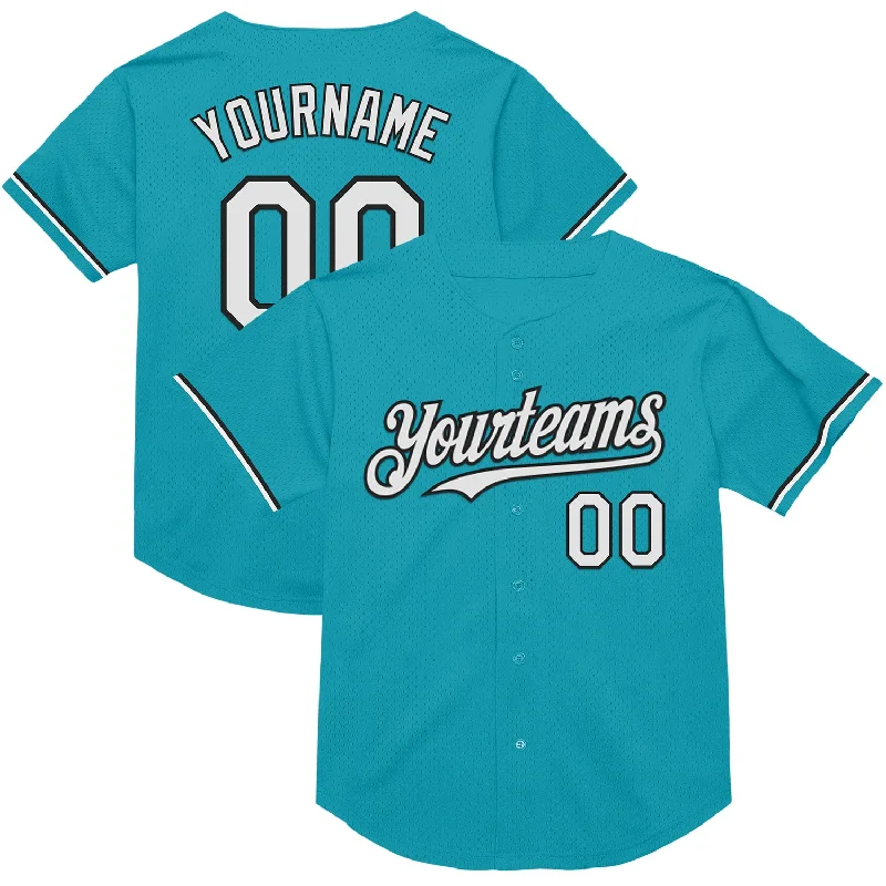 Baseball Jersey for Maximum Durability in Play-Custom Teal White-Black Mesh Authentic Throwback Baseball Jersey