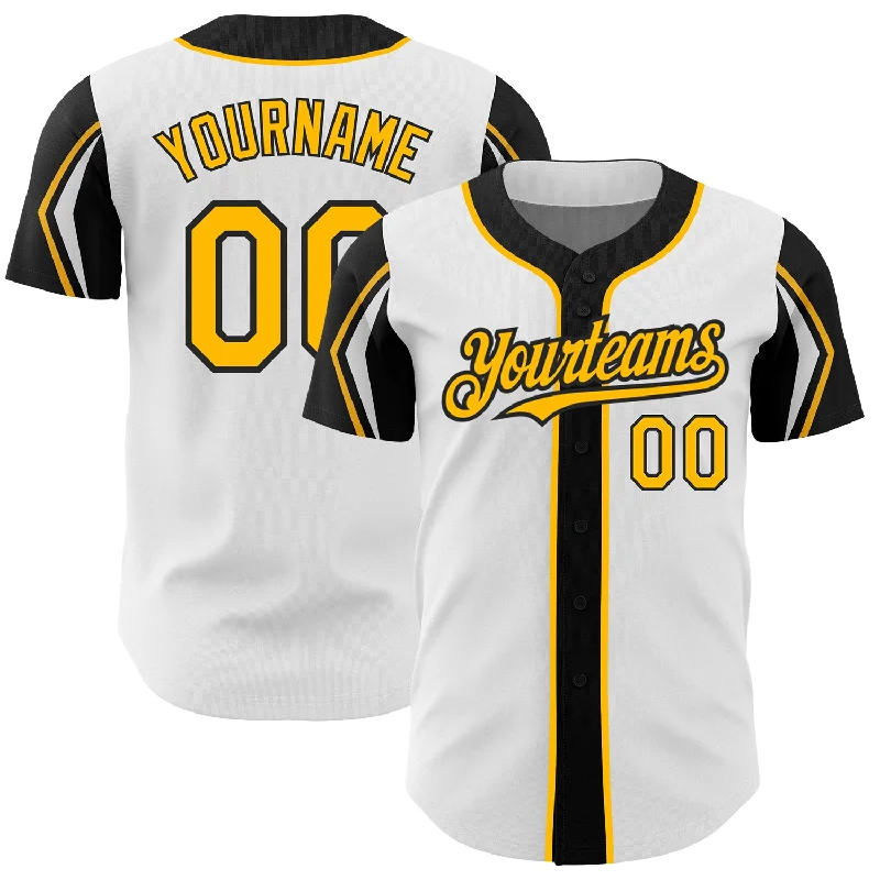 Baseball Jersey for Maximum Comfort and Freedom of Movement-Custom White Gold-Black 3 Colors Arm Shapes Authentic Baseball Jersey