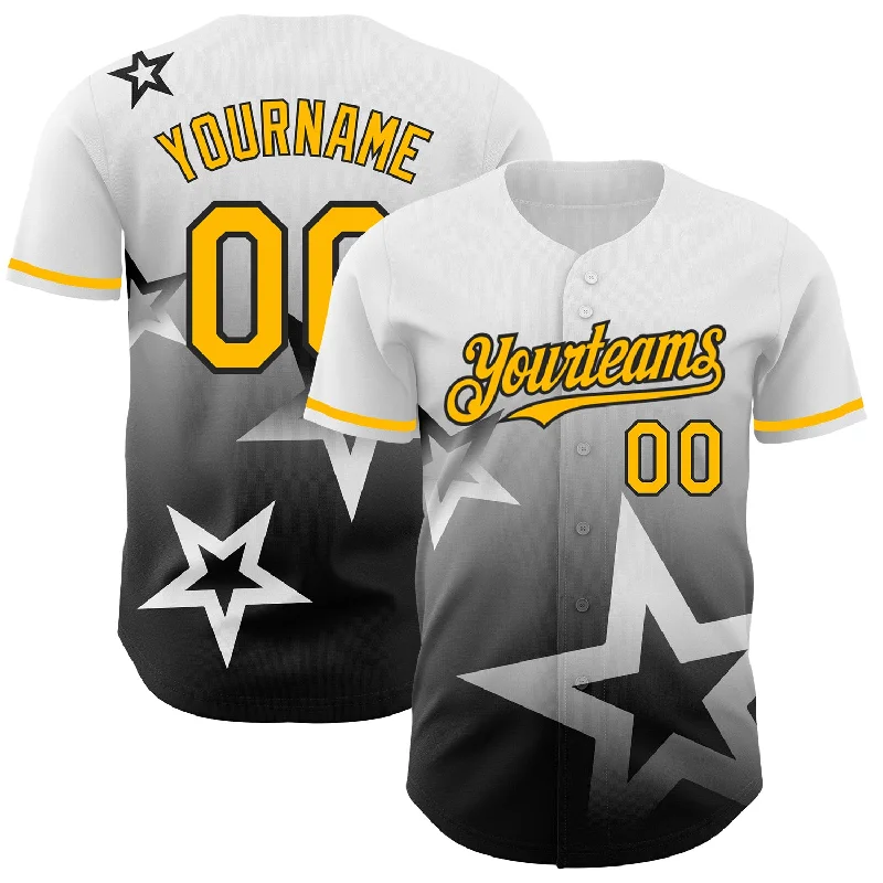 Baseball Jersey for Durable Play and Maximum Comfort-Custom White Gold-Black 3D Pattern Design Gradient Style Twinkle Star Authentic Baseball Jersey