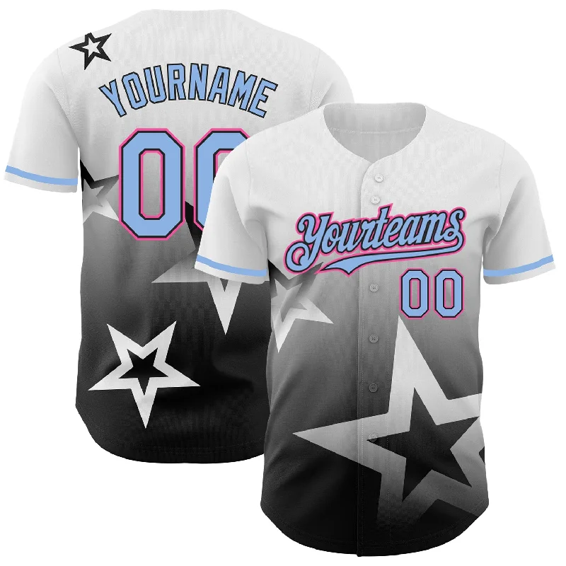 Baseball Jersey for Better Play and Full Mobility-Custom White Light Blue Black-Pink 3D Pattern Design Gradient Style Twinkle Star Authentic Baseball Jersey