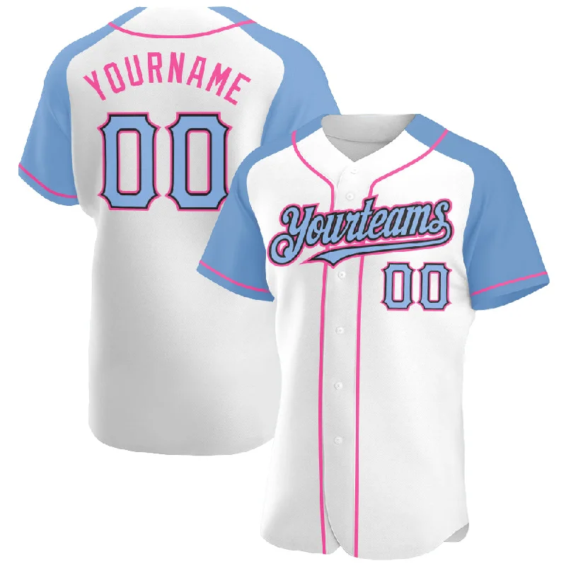 Baseball Jersey for Youth League Games-Custom White Light Blue Black-Pink Authentic Raglan Sleeves Baseball Jersey