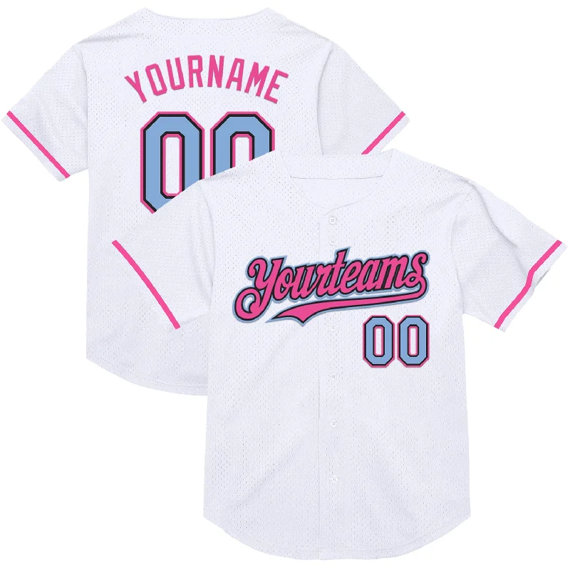 Baseball Jersey for Reliable Comfort and Durability-Custom White Light Blue Black-Pink Mesh Authentic Throwback Baseball Jersey