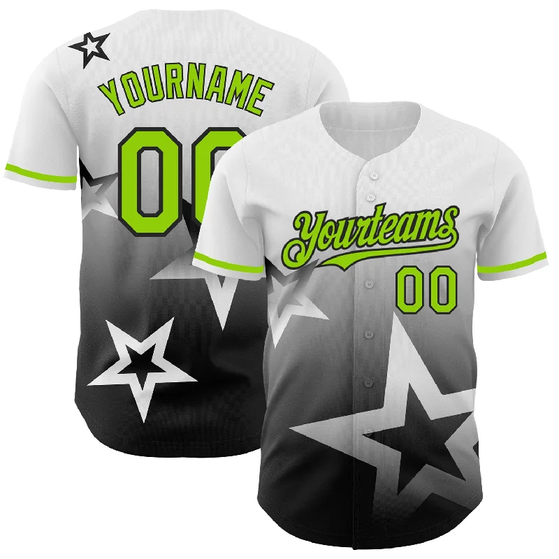 Baseball Jersey with Performance Features for Play-Custom White Neon Green-Black 3D Pattern Design Gradient Style Twinkle Star Authentic Baseball Jersey