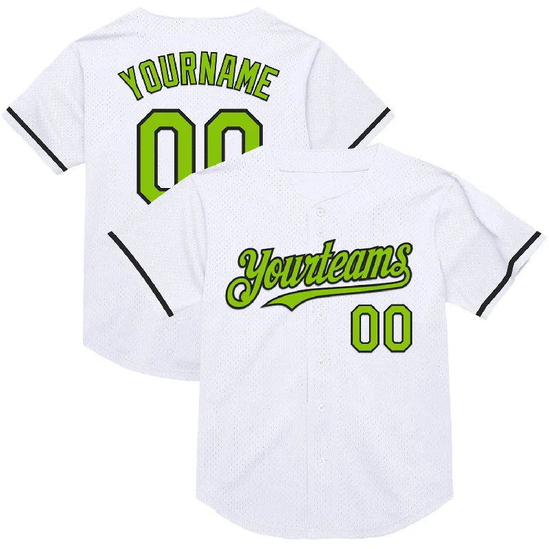 Baseball Jersey with Anti-Wrinkle Fabric for Easy Care-Custom White Neon Green-Black Mesh Authentic Throwback Baseball Jersey