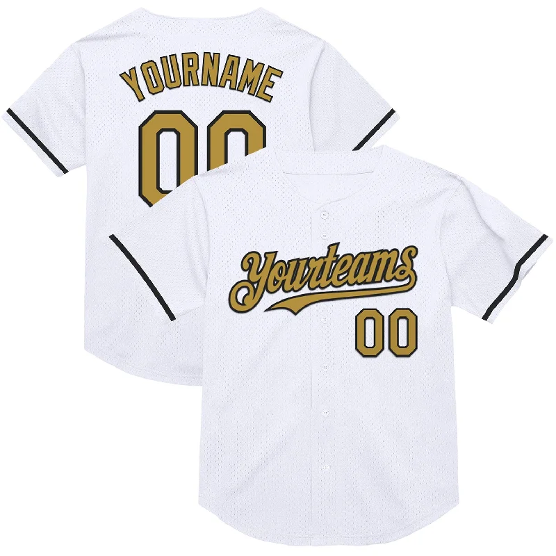 Baseball Jersey for Better Play and Full Mobility-Custom White Old Gold-Black Mesh Authentic Throwback Baseball Jersey