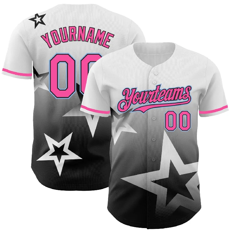 Baseball Jersey for Tight, Athletic Fit-Custom White Pink Black-Light Blue 3D Pattern Design Gradient Style Twinkle Star Authentic Baseball Jersey