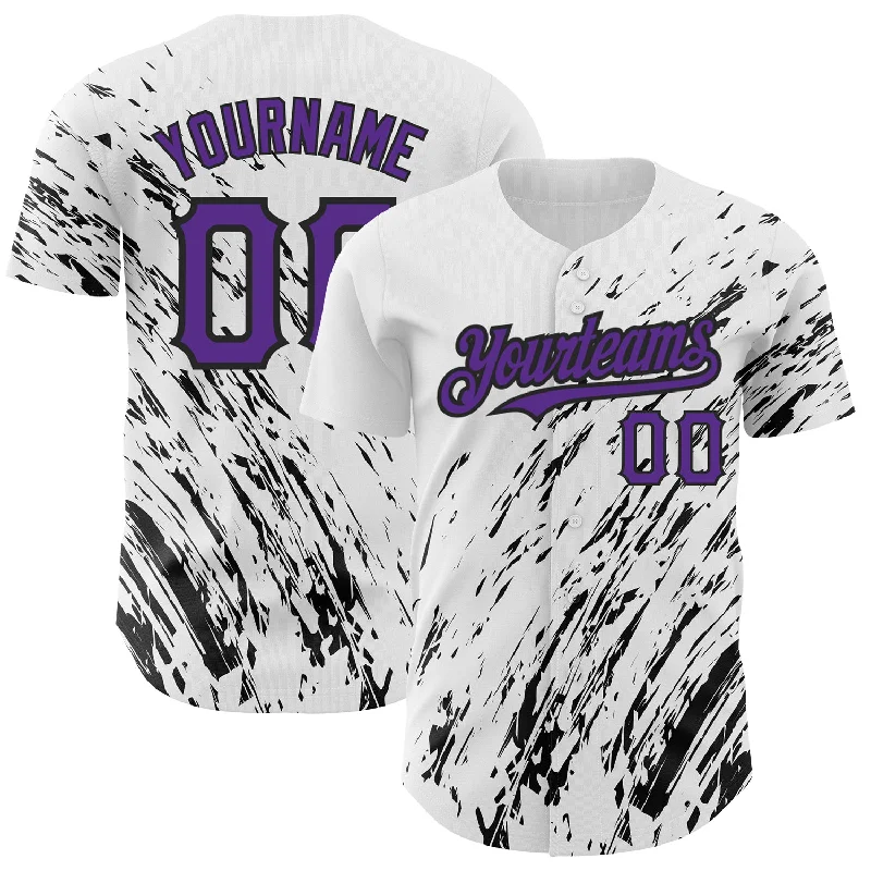 Baseball Jersey for Maximum Agility and Range of Motion-Custom White Purple-Black 3D Pattern Design Abstract Splash Authentic Baseball Jersey