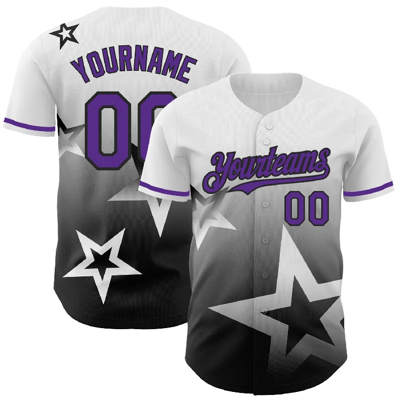 Baseball Jersey for Ultimate Performance and Agility-Custom White Purple-Black 3D Pattern Design Gradient Style Twinkle Star Authentic Baseball Jersey