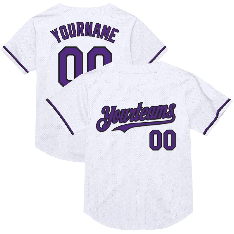 Baseball Jersey for Better Fit and Movement on the Field-Custom White Purple-Black Mesh Authentic Throwback Baseball Jersey