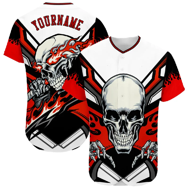 Baseball Jersey for All-Day Comfort-Custom White Red-Black 3D Skull Authentic Baseball Jersey