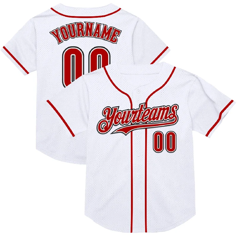 Baseball Jersey for Quick-Drying, Breathable Performance-Custom White Red-Black Mesh Authentic Throwback Baseball Jersey