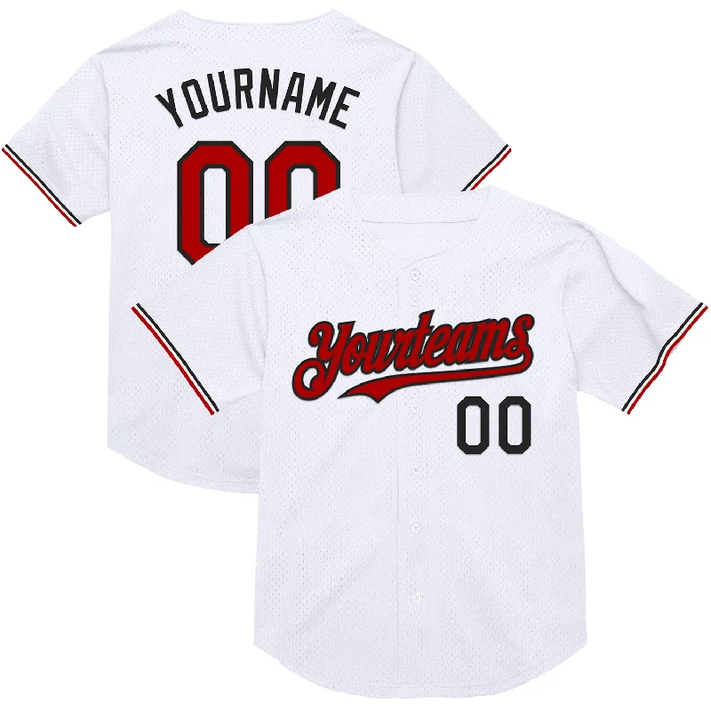 Baseball Jersey for Warm-Weather Play-Custom White Red-Black Mesh Authentic Throwback Baseball Jersey