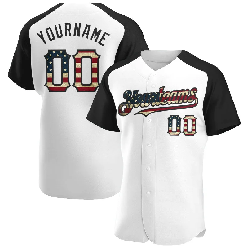 Baseball Jersey for Full Range of Motion-Custom White Vintage USA Flag-Black Authentic Raglan Sleeves Baseball Jersey