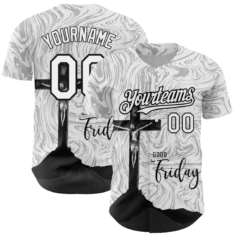 Baseball Jersey for Dynamic Movements on the Field-Custom White Black 3D Pattern Design Religion Cross Jesus Christ Good Friday Authentic Baseball Jersey