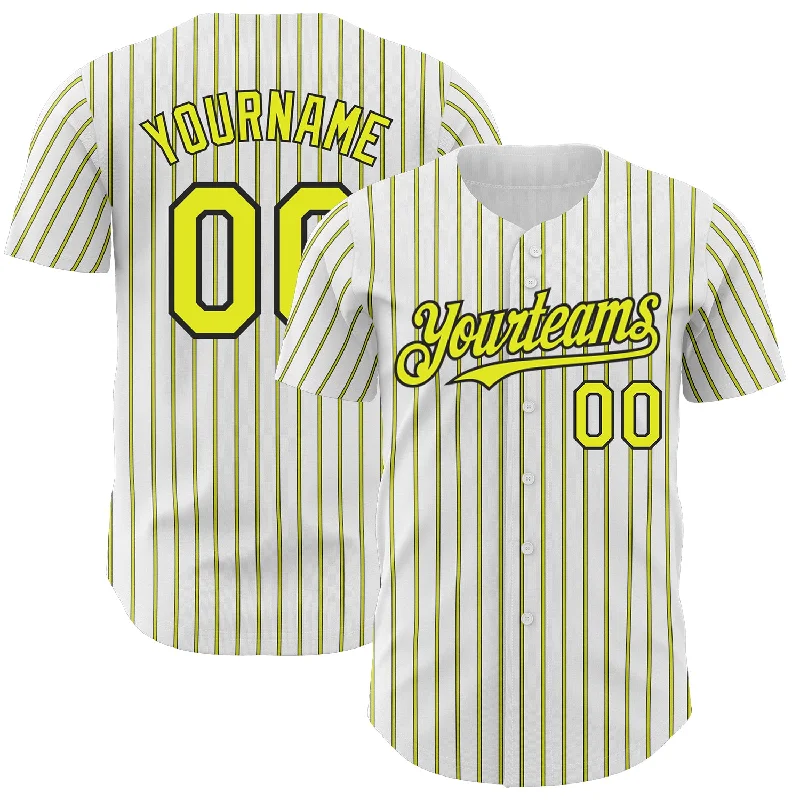 Baseball Jersey for Warm Weather and Summer Play-Custom White (Black Neon Yellow Pinstripe) Silver-Black Authentic Baseball Jersey