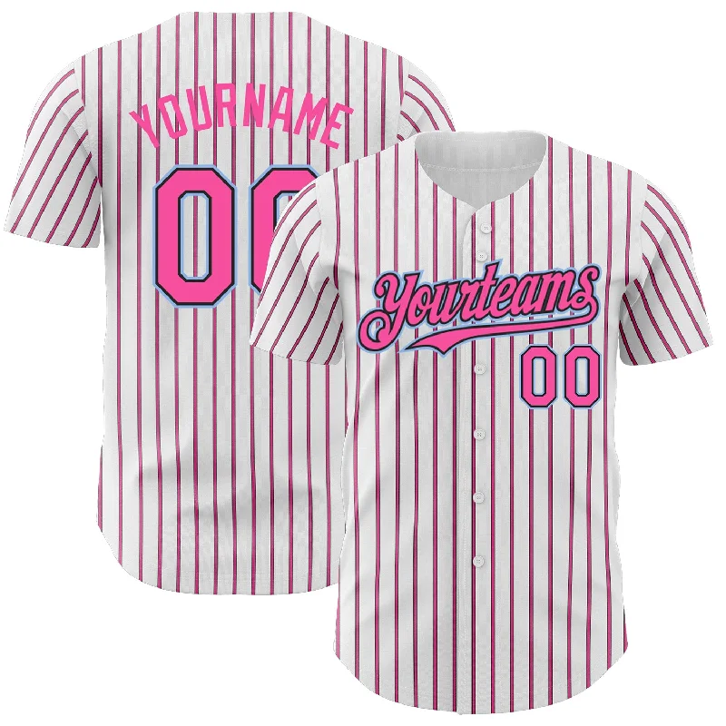 Baseball Jersey for Enhanced Breathability and Comfort-Custom White (Black Pink Pinstripe) Pink Black-Light Blue Authentic Baseball Jersey