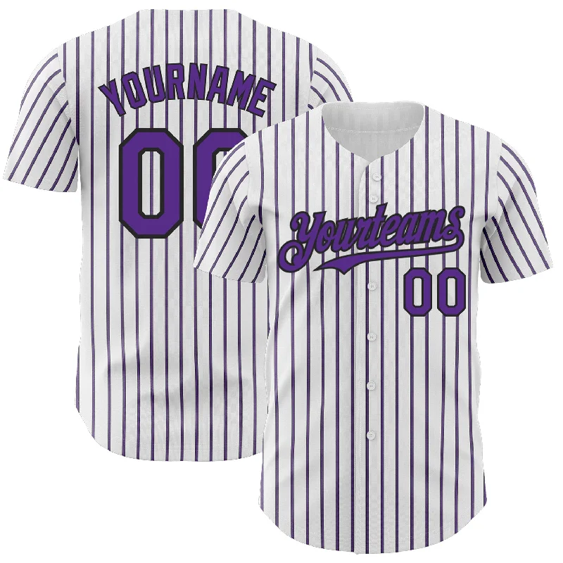 Baseball Jersey for Increased Agility on the Field-Custom White (Black Purple Pinstripe) Purple-Black Authentic Baseball Jersey