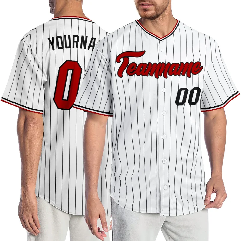 Baseball Jersey with Anti-Wrinkle Fabric for Easy Care-Custom White Black Pinstripe Red-Black Authentic Baseball Jersey