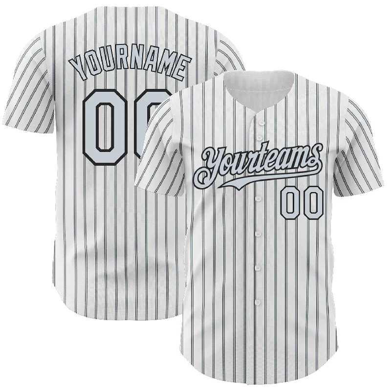 Baseball Jersey for Tight, Athletic Fit-Custom White (Black Silver Pinstripe) Silver-Black Authentic Baseball Jersey