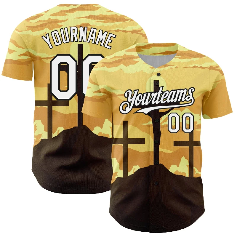 Baseball Jersey for Comfort and Performance in High Temperatures-Custom Yellow White-Black 3D Pattern Design Religion Cross Jesus Christ Good Friday Authentic Baseball Jersey