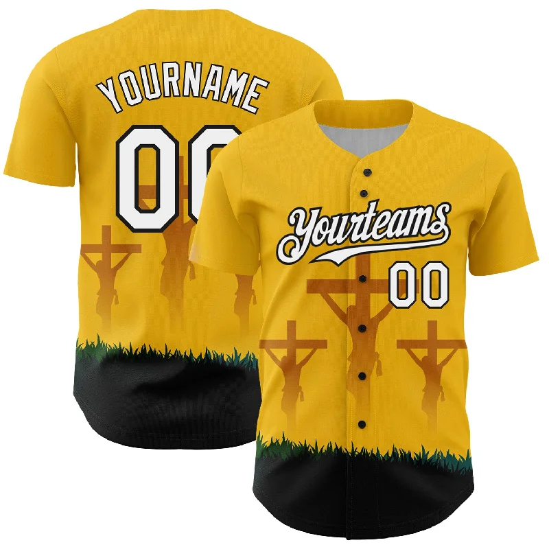 Baseball Jersey for Athletic Fit and Style-Custom Yellow White-Black 3D Pattern Design Religion Cross Jesus Christ Good Friday Authentic Baseball Jersey