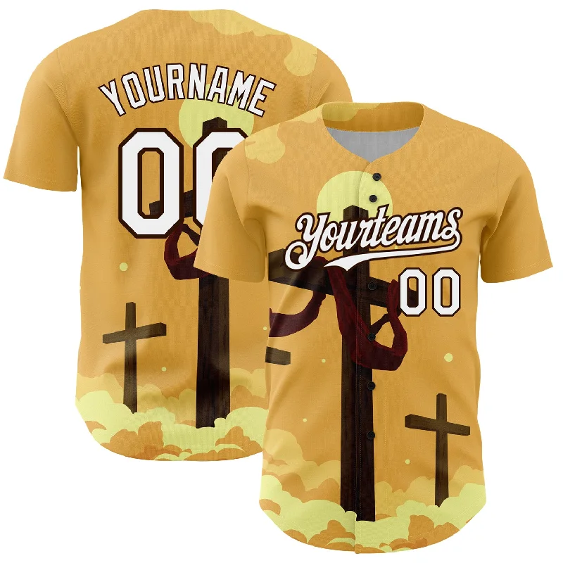 Baseball Jersey for Ultimate Performance and Agility-Custom Yellow White-Brown 3D Pattern Design Religion Cross Jesus Christ Good Friday Authentic Baseball Jersey