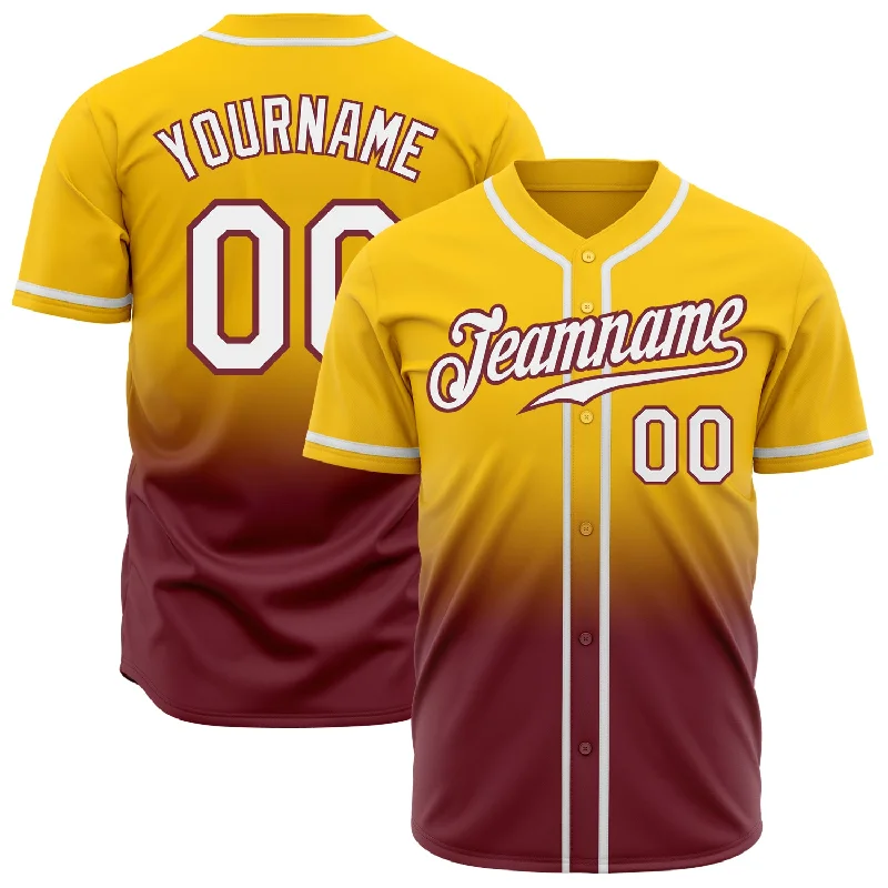 Baseball Jersey for Youth Players-Custom Yellow White-Burgundy Authentic Fade Fashion Baseball Jersey