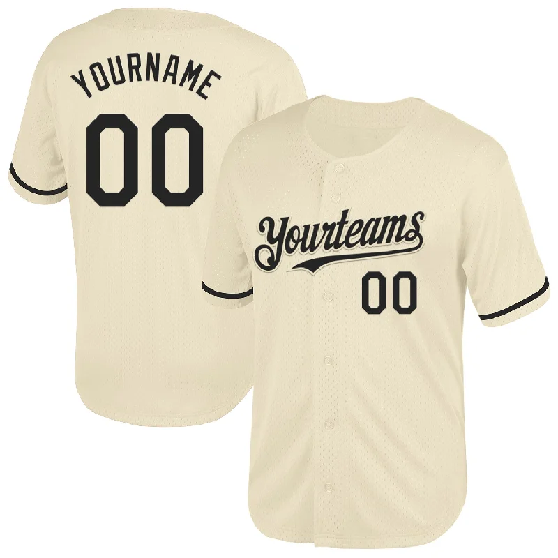 Baseball Jersey for Softball and Baseball Players-Custom Cream Black Mesh Authentic Throwback Baseball Jersey