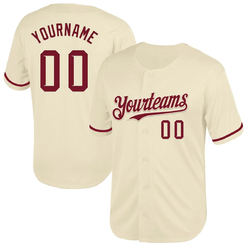 Baseball Jersey for Comfortable Design and Excellent Mobility-Custom Cream Crimson Mesh Authentic Throwback Baseball Jersey