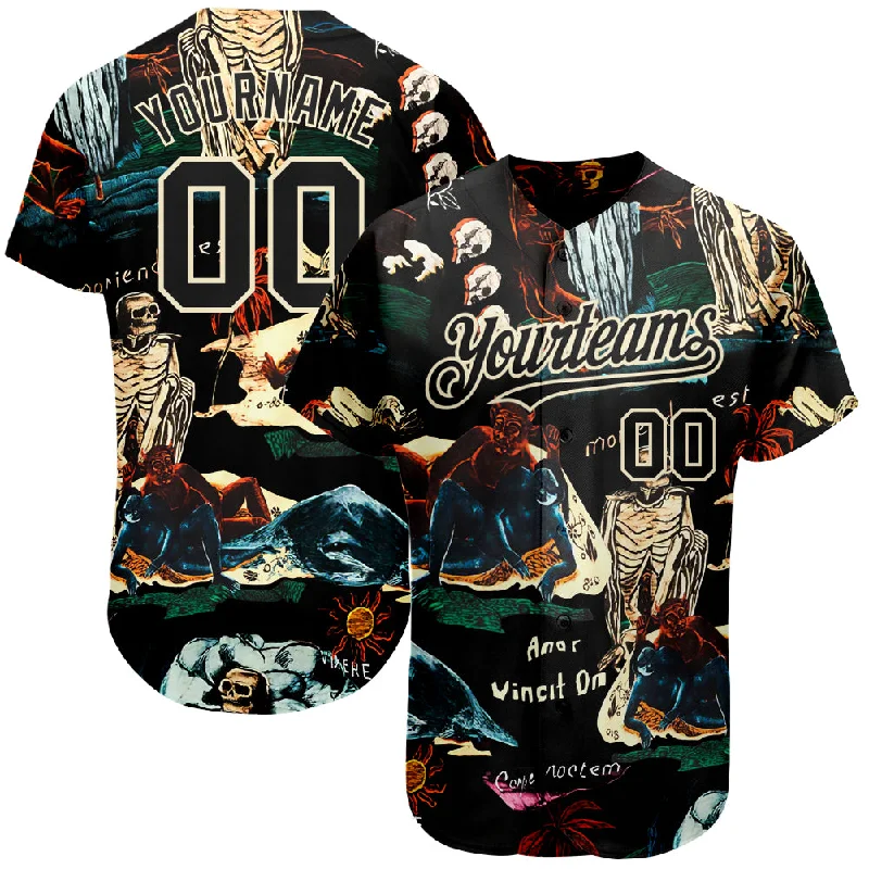 Baseball Jersey for Maximum Comfort and Freedom of Movement-Custom Black Cream 3D Tropical Plant And Skull Fashion Authentic Baseball Jersey