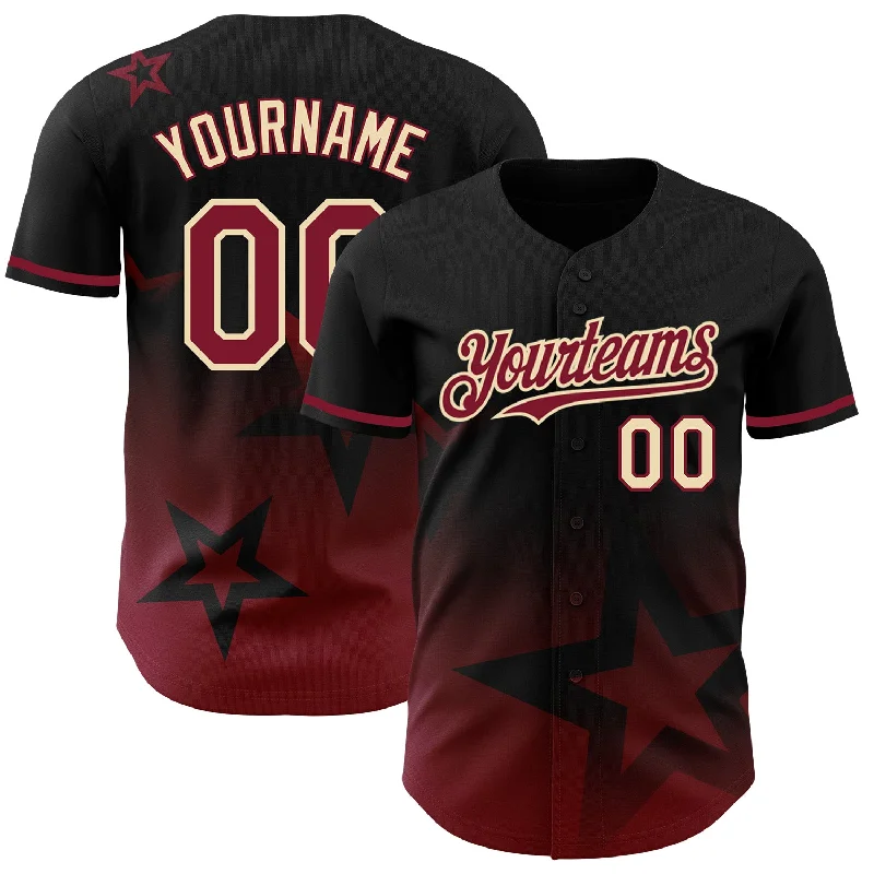 Baseball Jersey for Quick-Drying, Breathable Performance-Custom Black Crimson-Cream 3D Pattern Design Gradient Style Twinkle Star Authentic Baseball Jersey