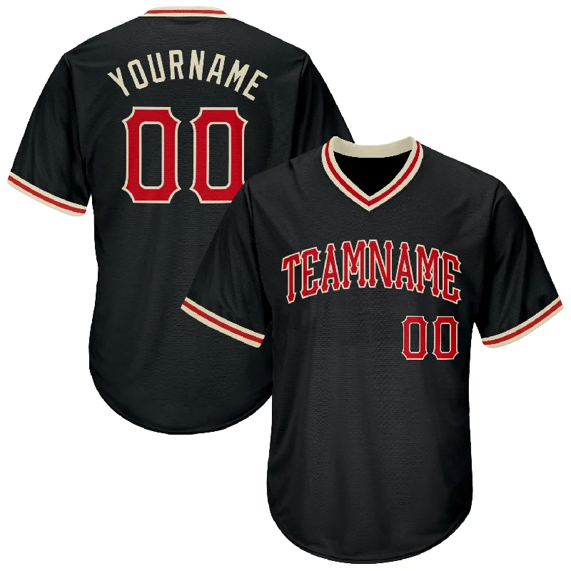 Baseball Jersey for Increased Agility on the Field-Custom Black Red-Cream Authentic Throwback Rib-Knit Baseball Jersey Shirt