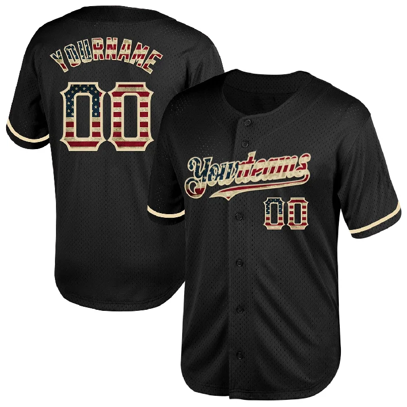 Baseball Jersey for Performance and Durability in Tough Conditions-Custom Black Vintage USA Flag-Cream Mesh Authentic Throwback Baseball Jersey