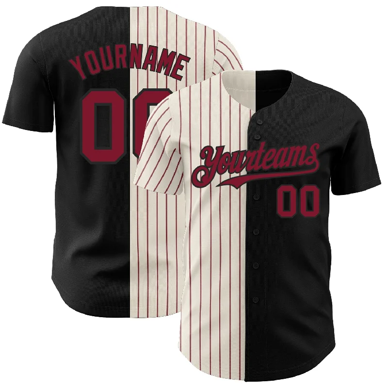 Baseball Jersey for Durable and Breathable Fabric-Custom Black Cream-Crimson Pinstripe Authentic Split Fashion Baseball Jersey