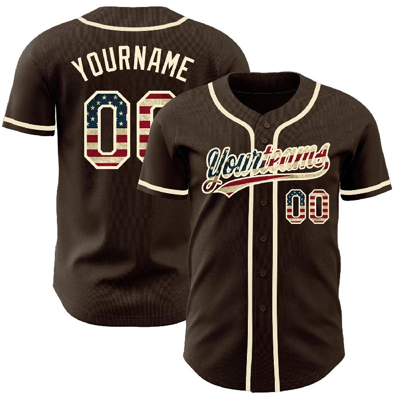 Baseball Jersey with Vented Panels for Cooling-Custom Brown Vintage USA Flag-Cream Authentic Baseball Jersey