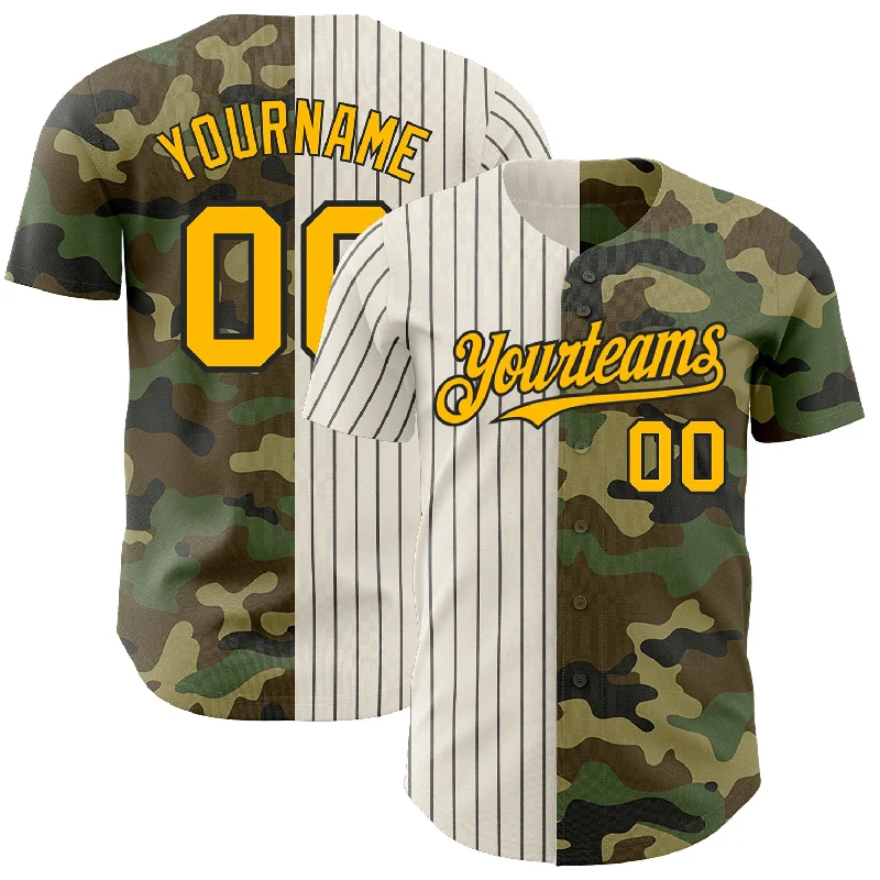 Baseball Jersey for Perfect Fit and Maximum Performance-Custom Camo Gold Cream-Black Pinstripe Authentic Split Fashion Salute To Service Baseball Jersey