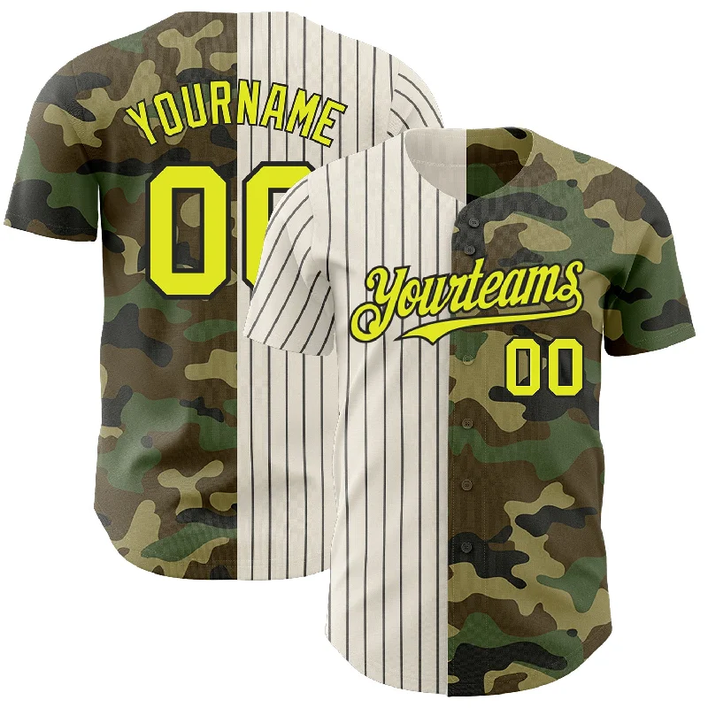 Baseball Jersey for All-Weather Game-Day Comfort-Custom Camo Neon Yellow Cream-Black Pinstripe Authentic Split Fashion Salute To Service Baseball Jersey