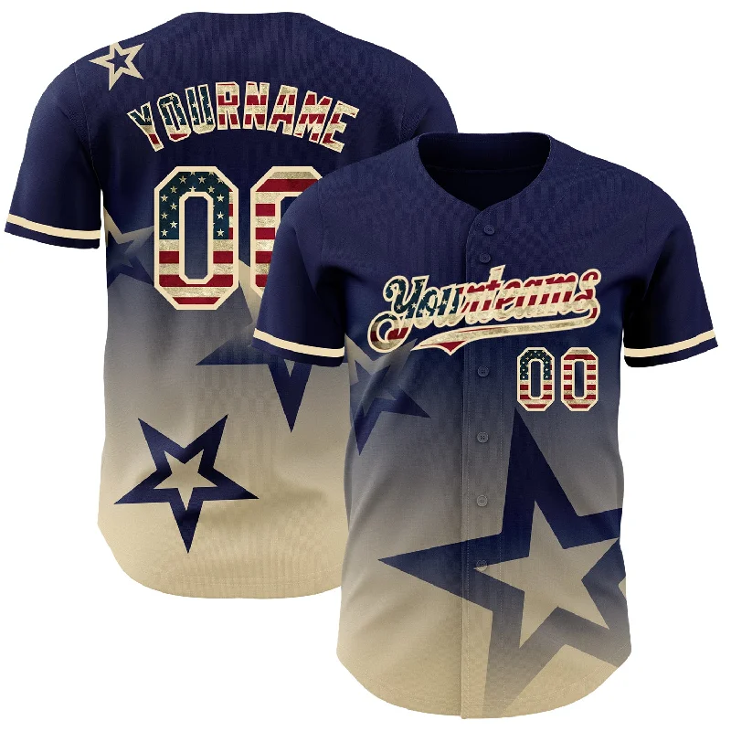 Baseball Jersey for Youth and Adult Players-Custom Navy Vintage USA Flag-Cream 3D Pattern Design Gradient Style Twinkle Star Authentic Baseball Jersey